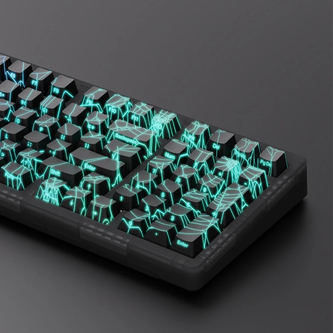 Mechanical keyboard with green backlighting on a dark background