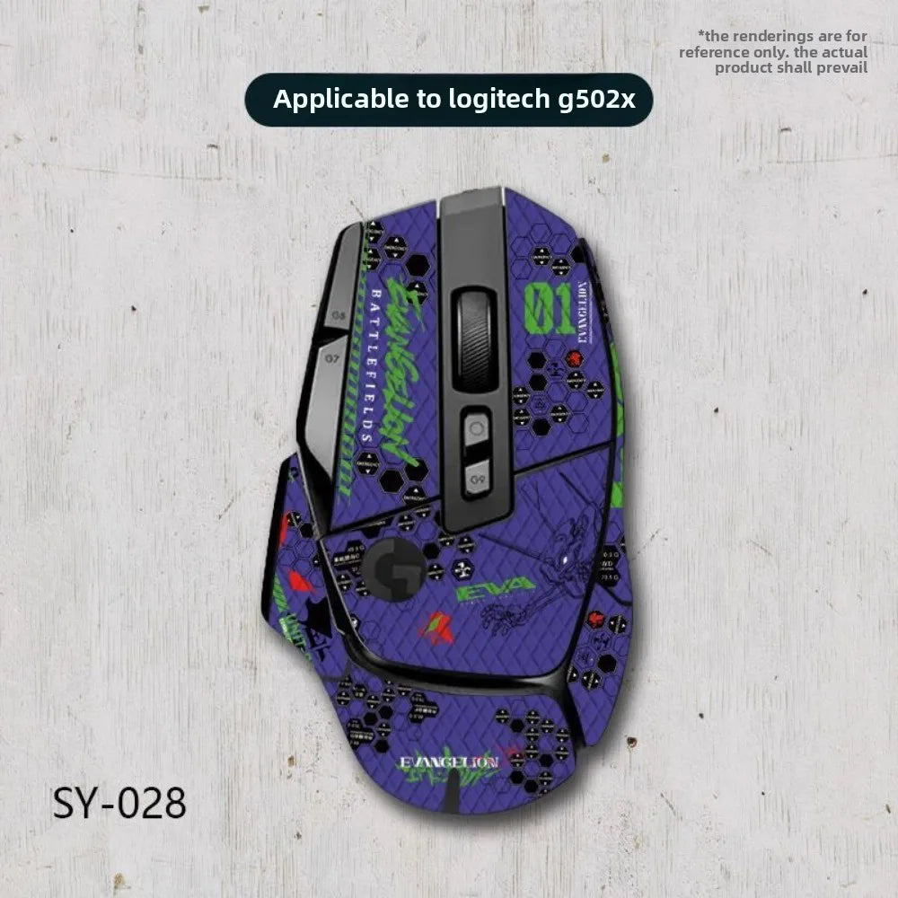 Purple gaming mouse with colorful design on a light gray background