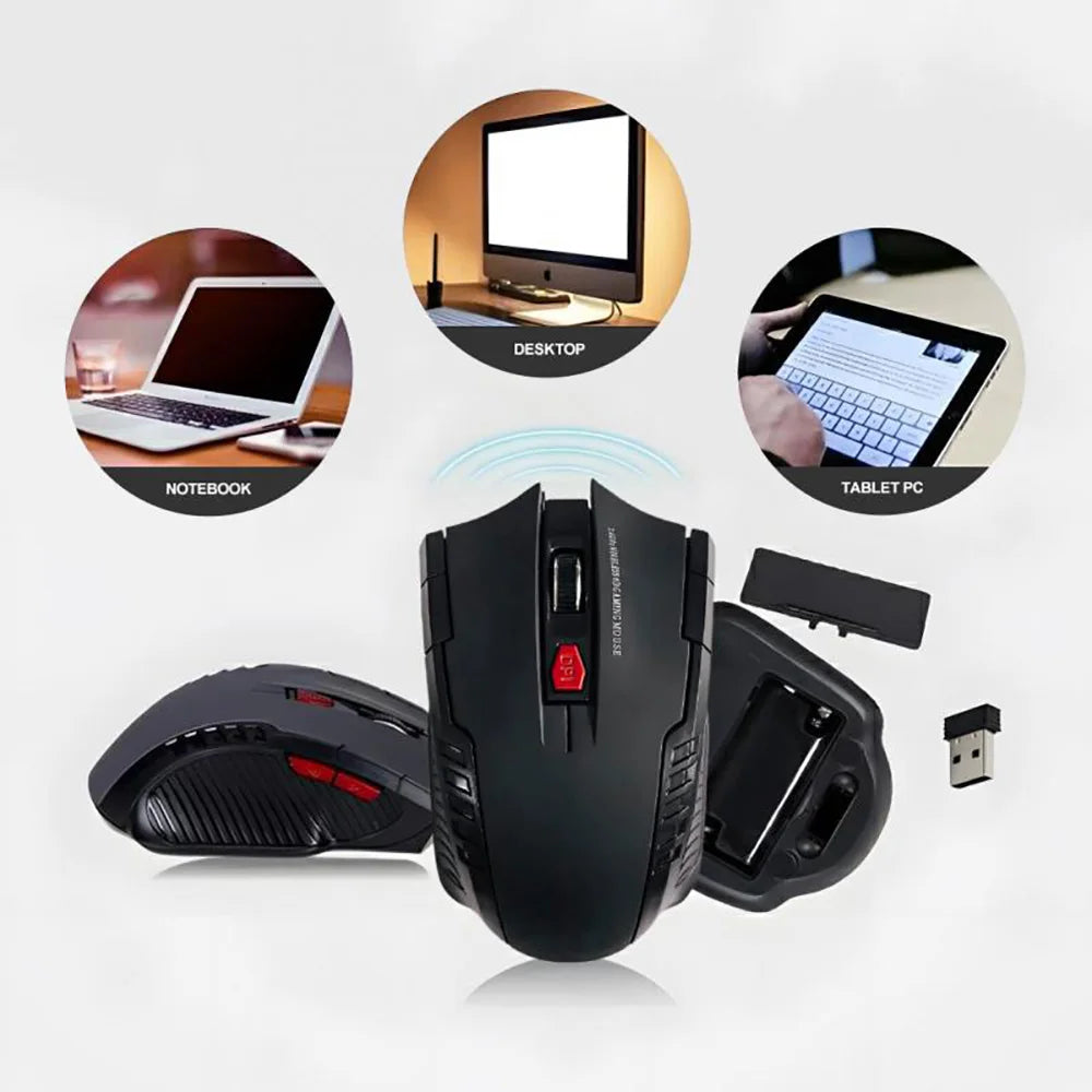 Black gaming mouse with USB receiver on a white background, showing compatibility with various devices.