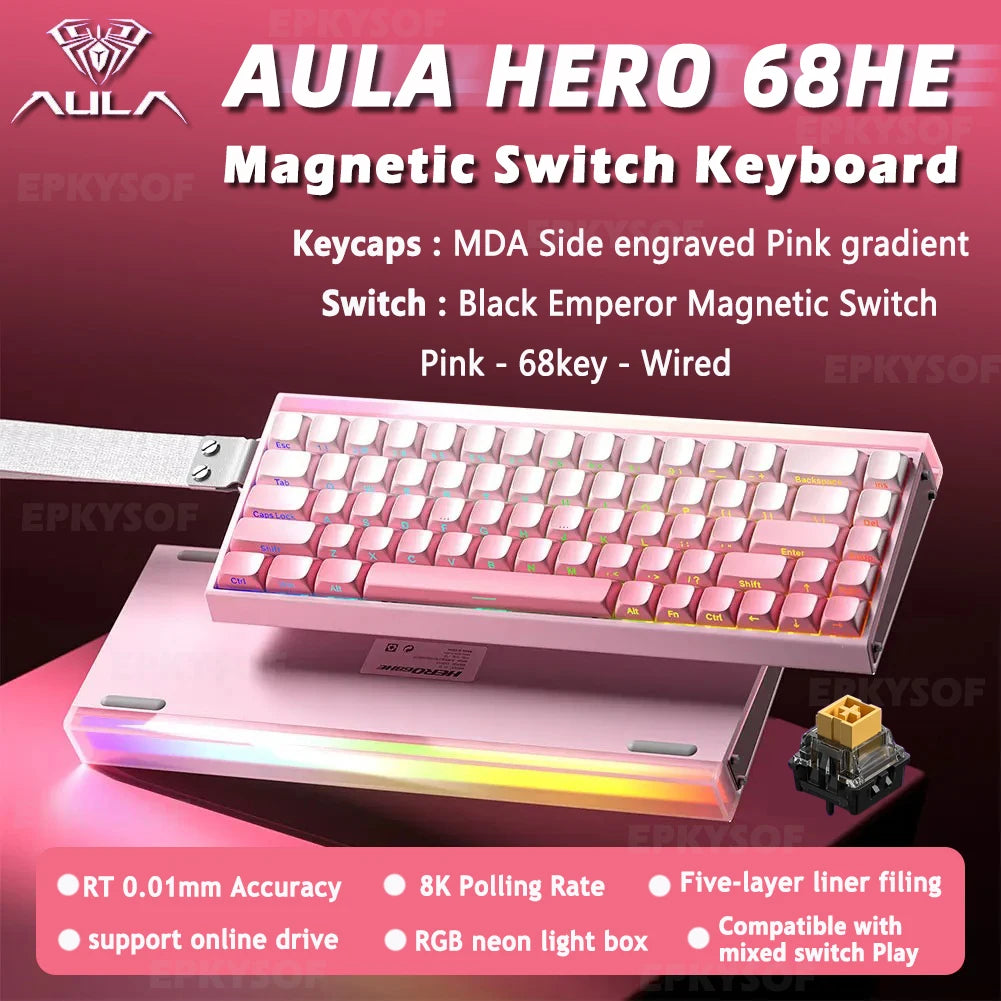 Aula Hero 68HE magnetic switch keyboard with specifications on a Pink background