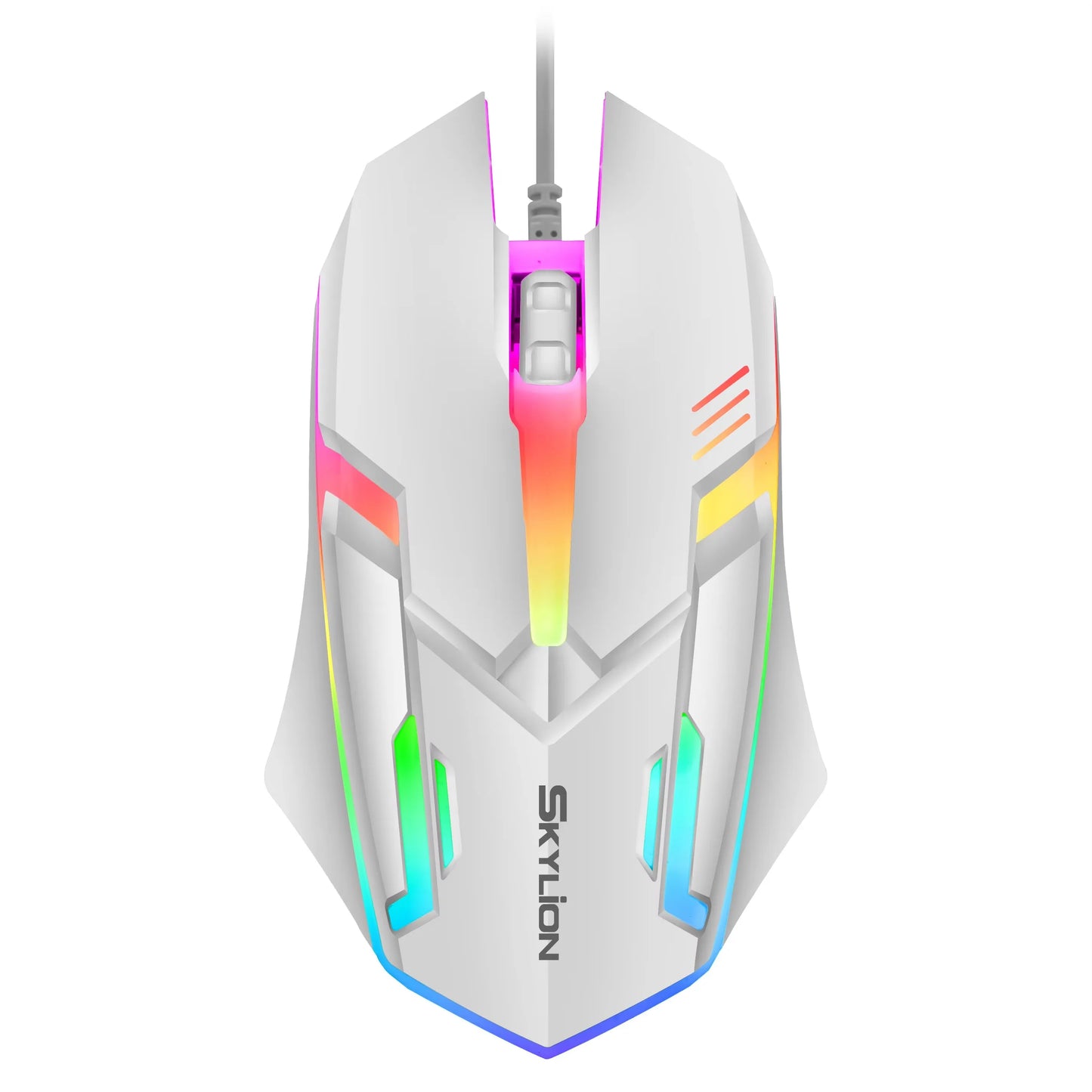 Gaming mouse with colorful LED lighting on a white background, branded as Skylion.