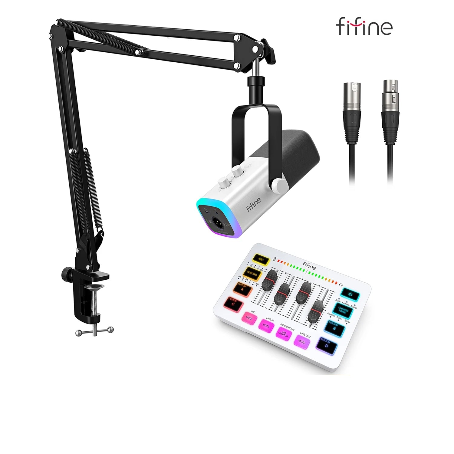 Fifine microphone setup with arm, control panel, and cables on a white background