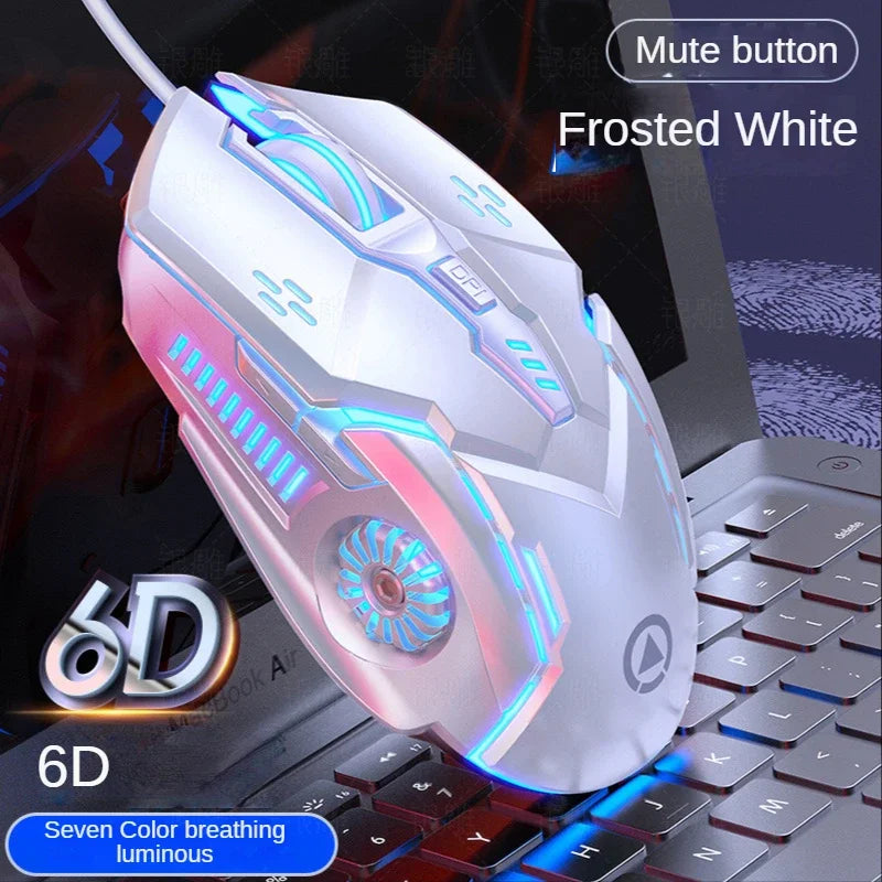 Gaming mouse with RGB lighting on a laptop keyboard, labeled 'Frosted White' and '6D'.