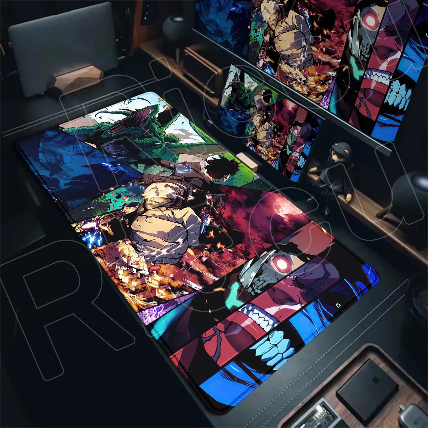 Colorful anime-style artwork on a desk mat with a dark background