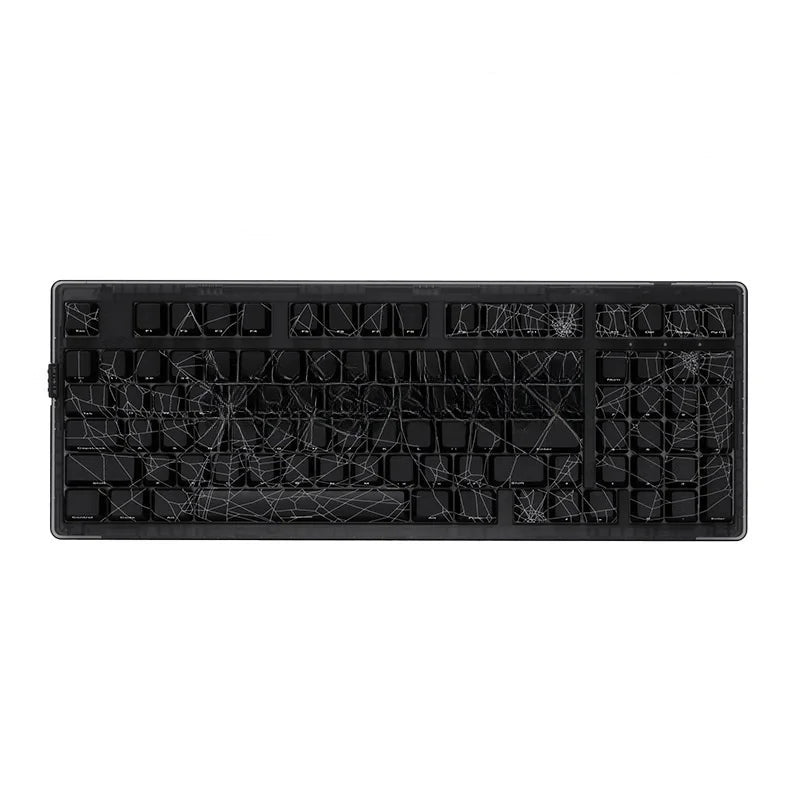 Black mechanical keyboard with spider web design on a white background