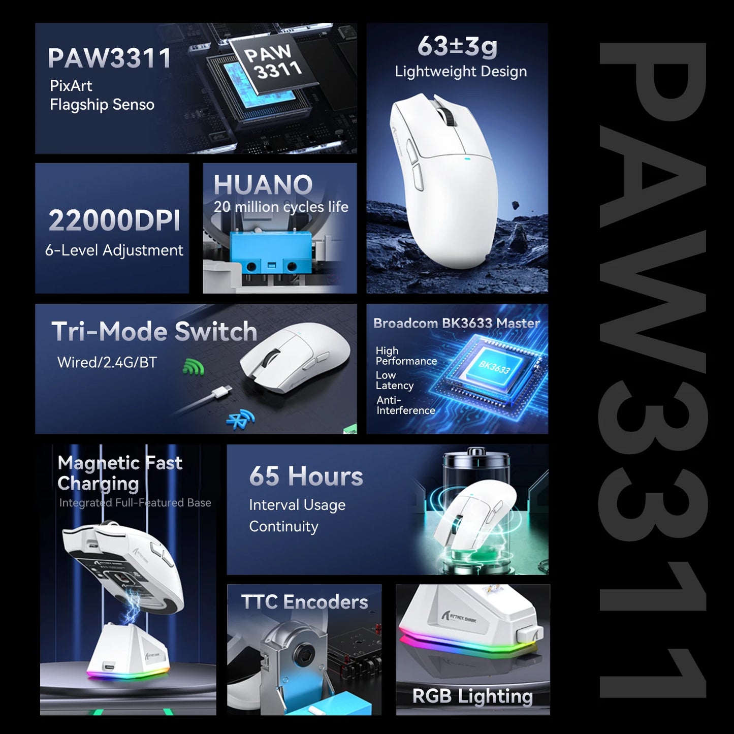 Product features of a gaming mouse with specifications and design elements.