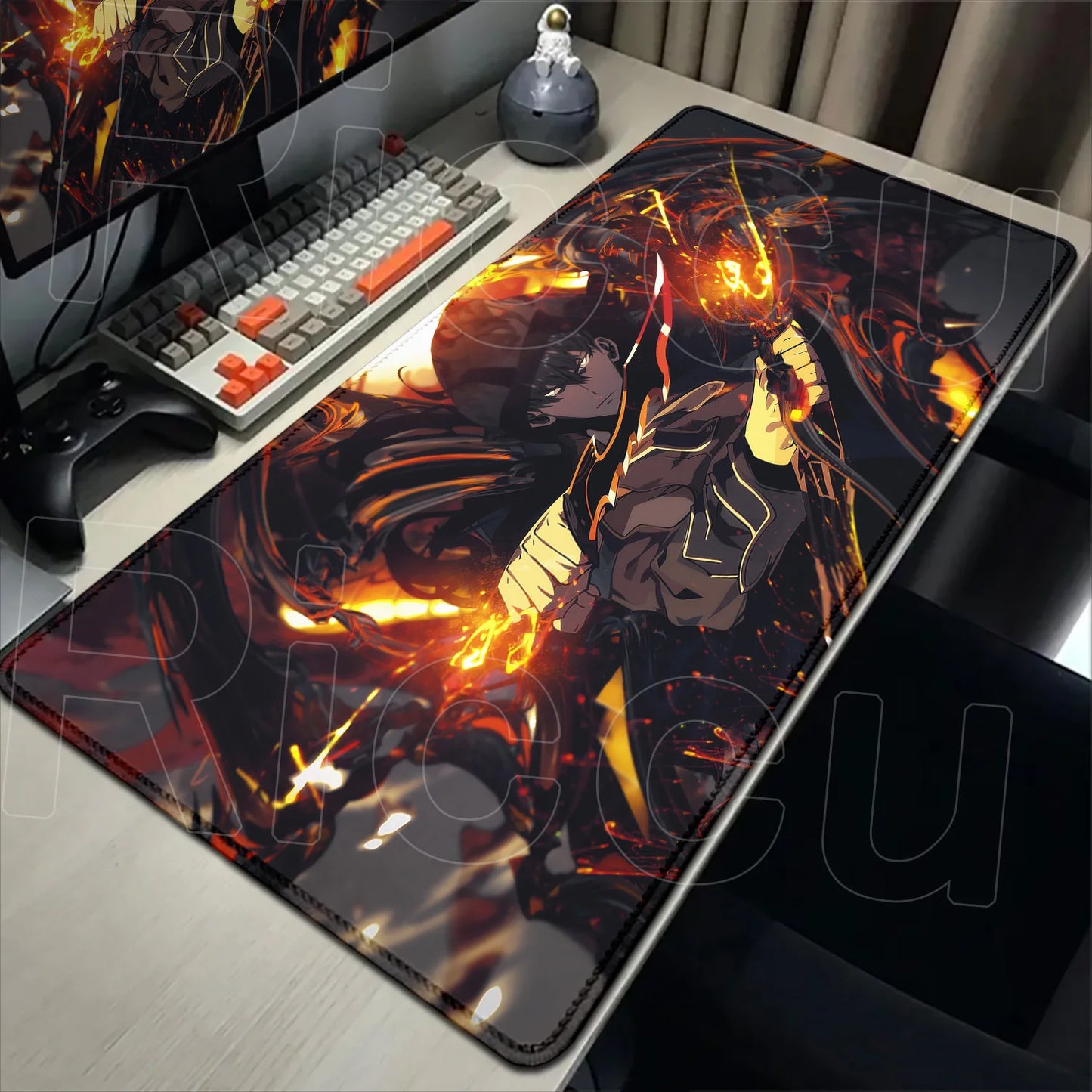 Anime-themed mouse pad on a desk with computer setup