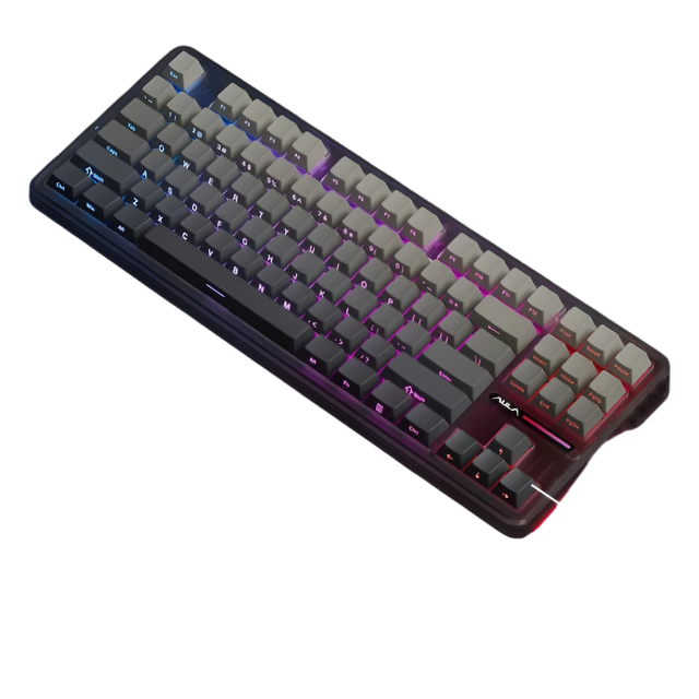 Mechanical keyboard with features highlighted on a dark background
