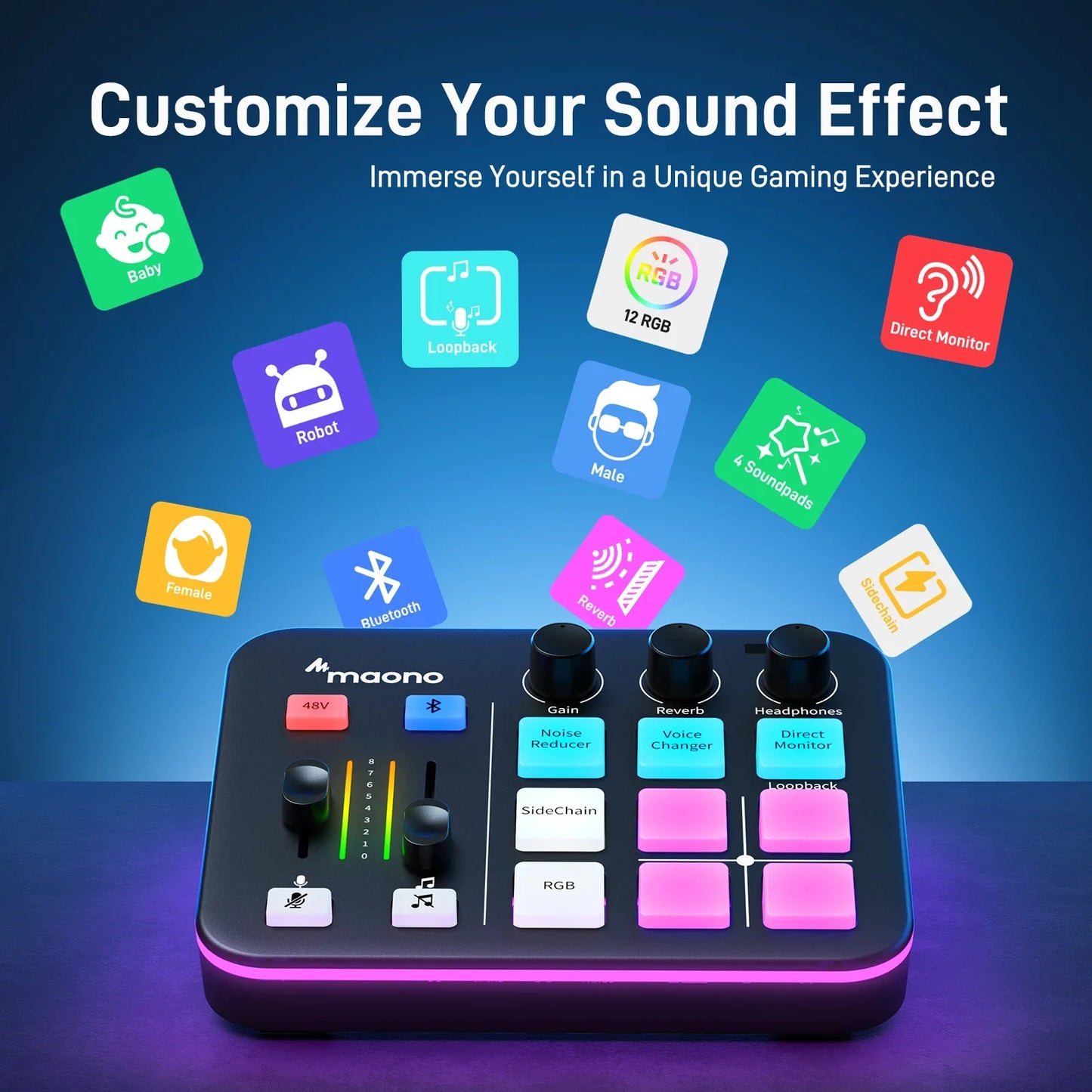 Maono audio control panel with sound effect icons on a blue background