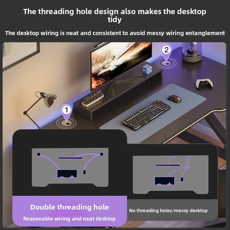 Desk setup with threading hole design for neat desktop wiring