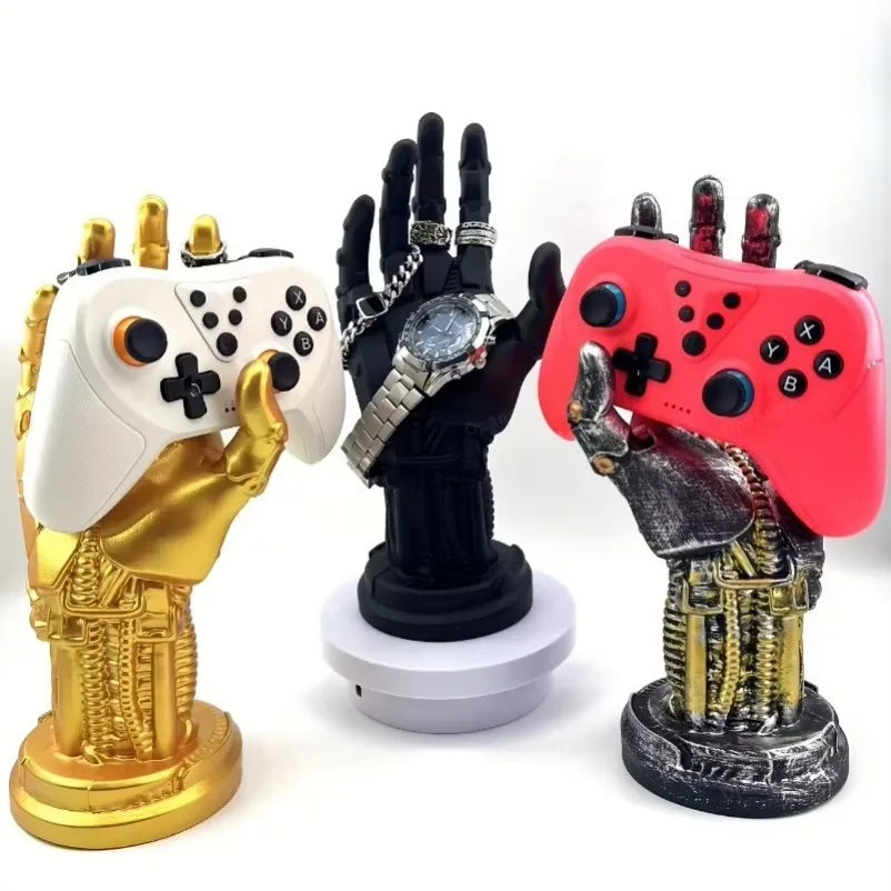Three decorative hands holding gaming controllers on a white background