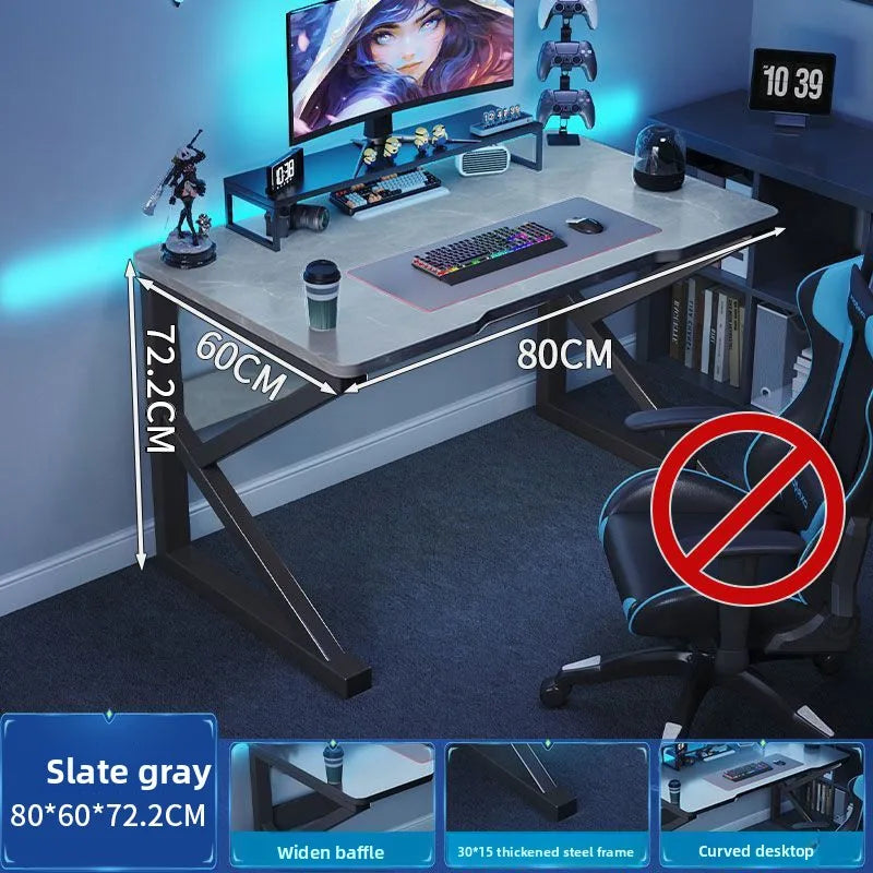 Gaming desk with measurements and a no-smoking symbol in a room setup.