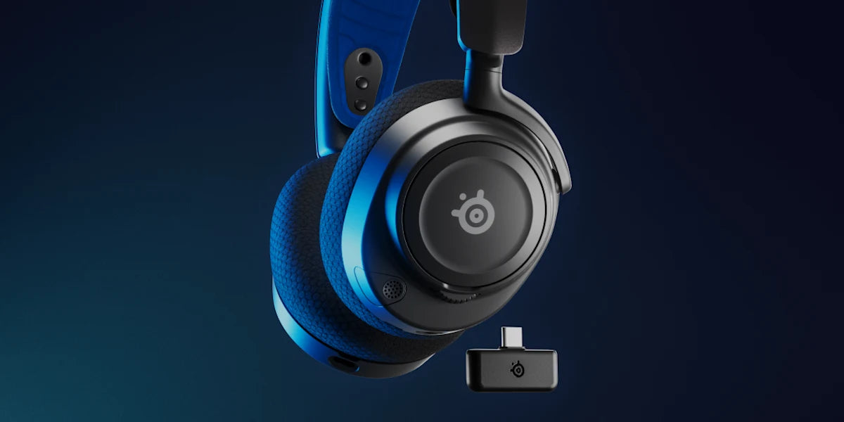 Blue and black gaming headset with a SteelSeries logo on a dark background