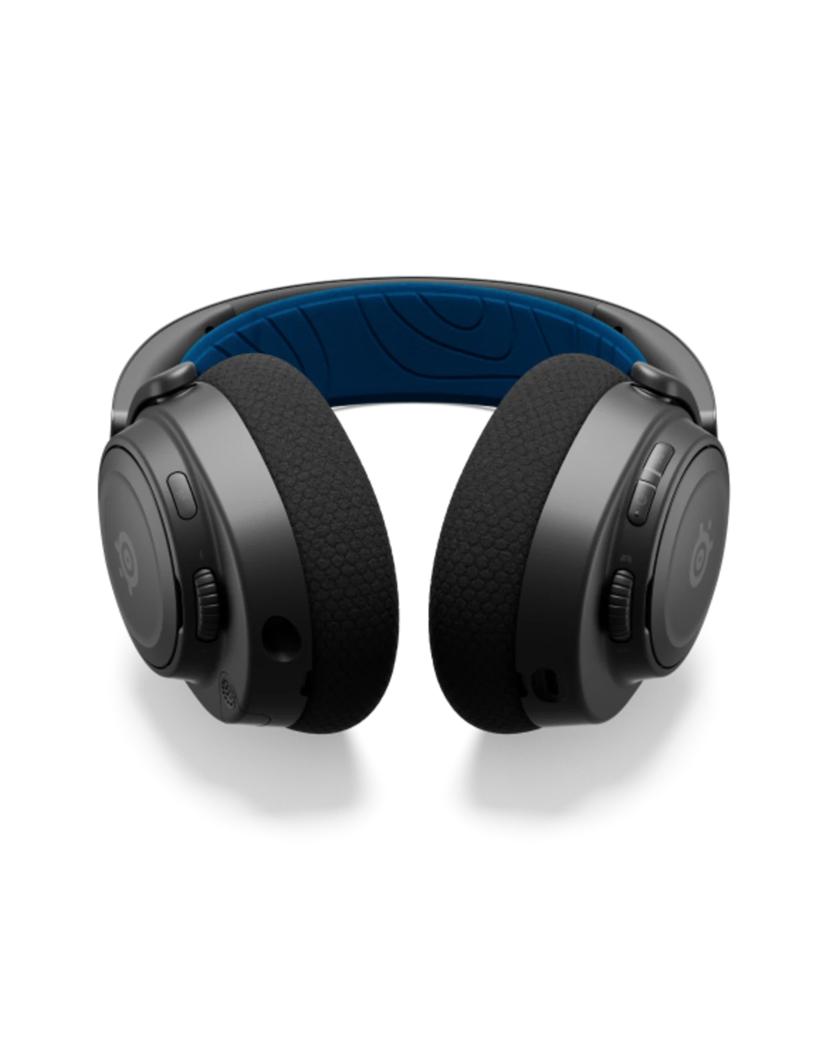 Black over-ear headphones with blue interior on a white background
