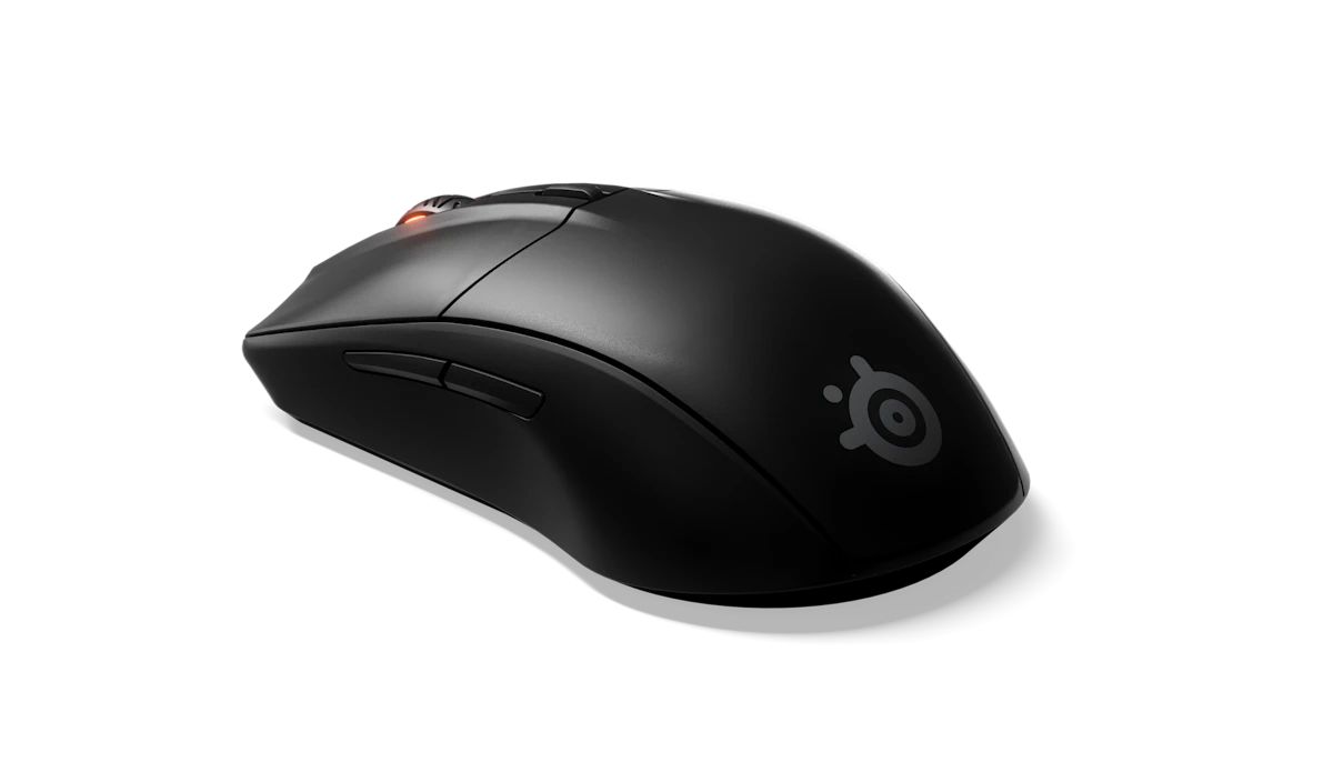 Black gaming mouse with a logo on a white background
