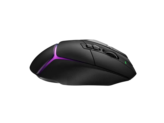 Black gaming mouse with purple accents on a white background
