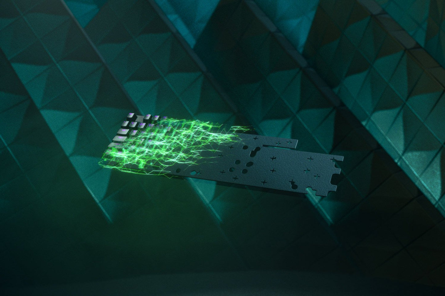 Geometric design with a glowing green line on a dark, textured background
