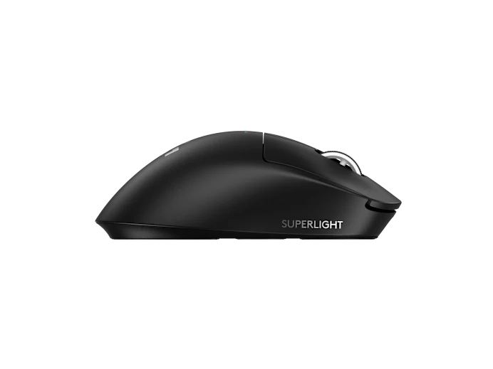 Black computer mouse labeled 'Superlight' on a white background