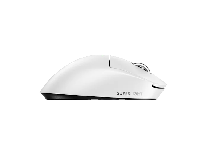 White computer mouse with 'Superlight' branding on a white background