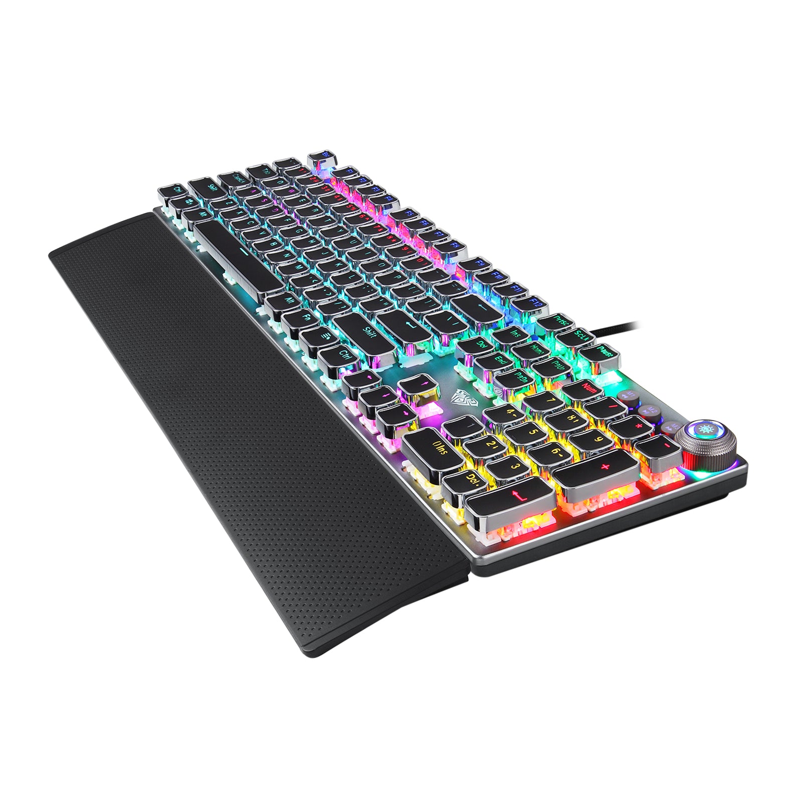 Mechanical keyboard with RGB lighting on a white background