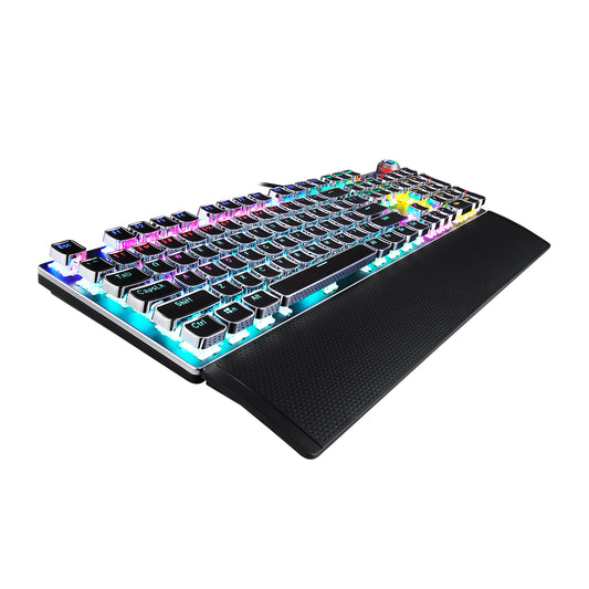 Mechanical keyboard with RGB lighting on a white background