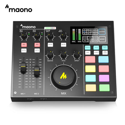 Maono audio mixer controller with various controls and buttons on a white background
