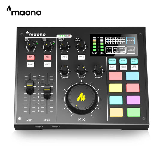 Maono audio mixer controller with various controls and buttons on a white background