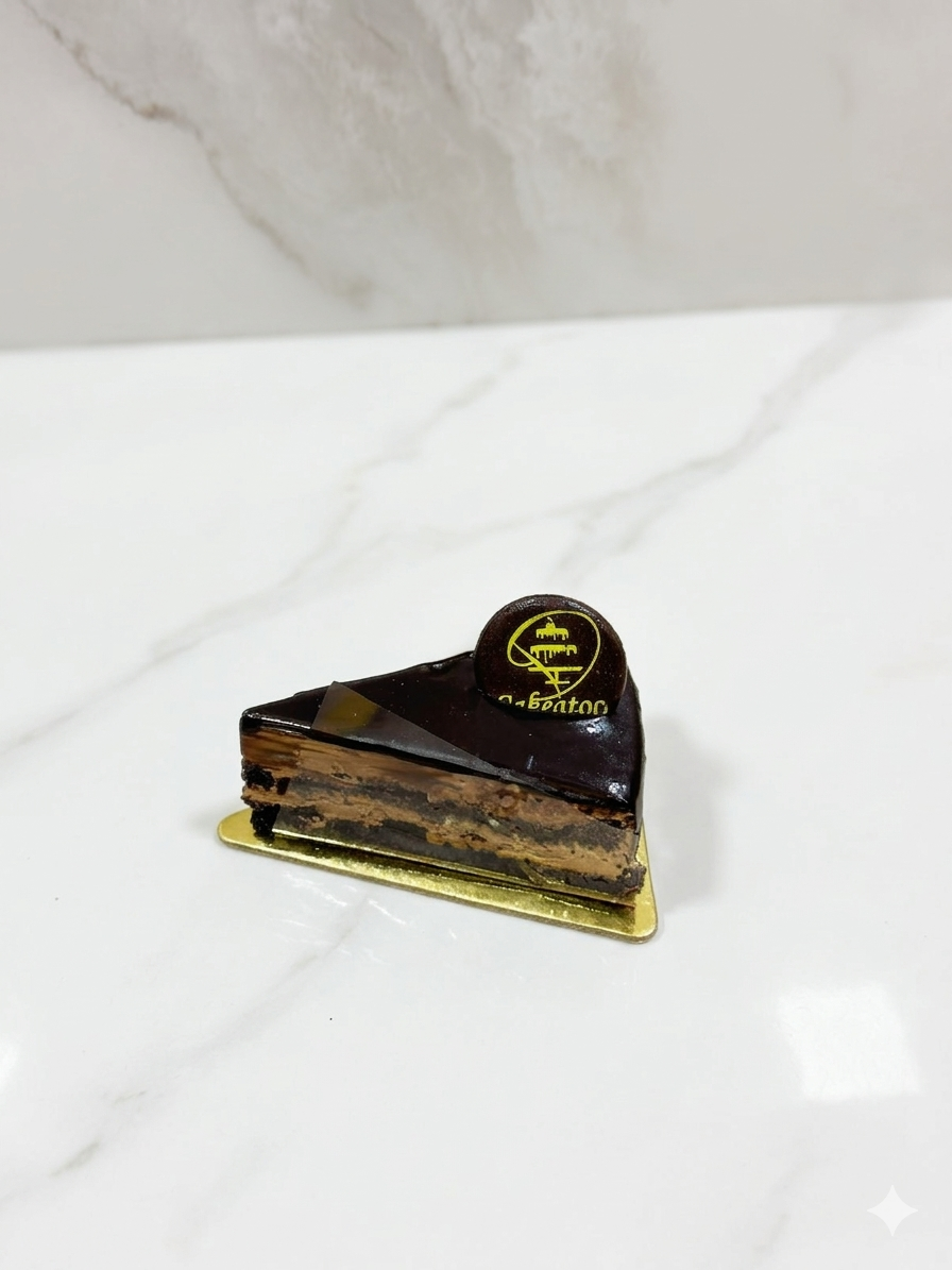 Slice of cake with a gold base on a white surface