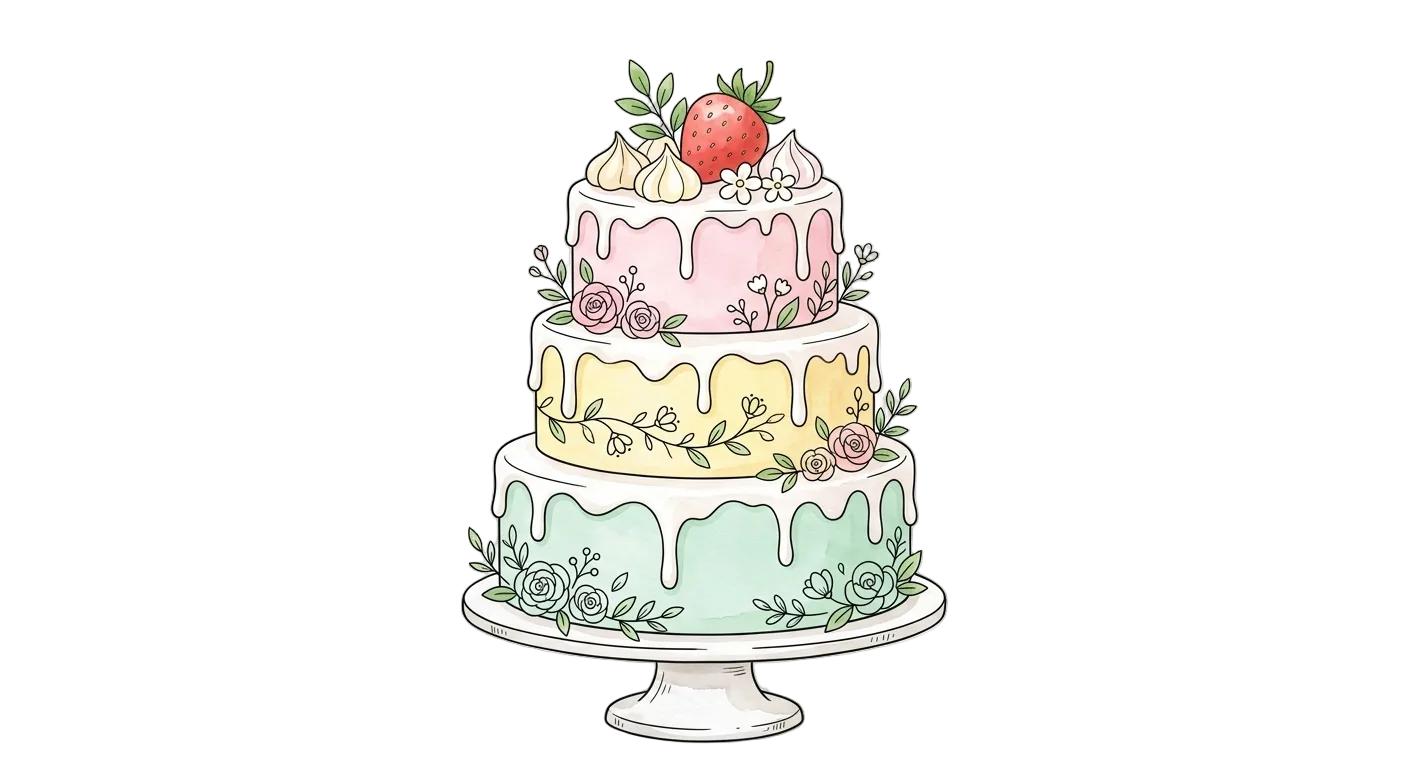 Three-tiered cake with pastel colors and decorative elements on a white background