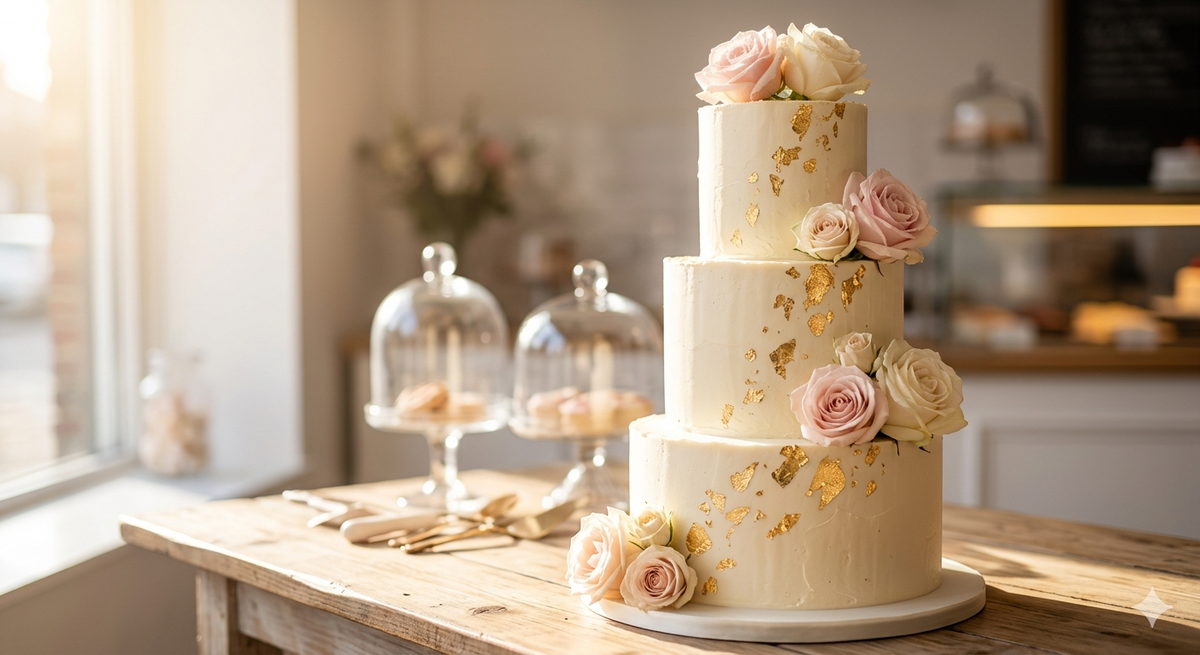 Three-tiered wedding cake with floral decorations on a wooden table.