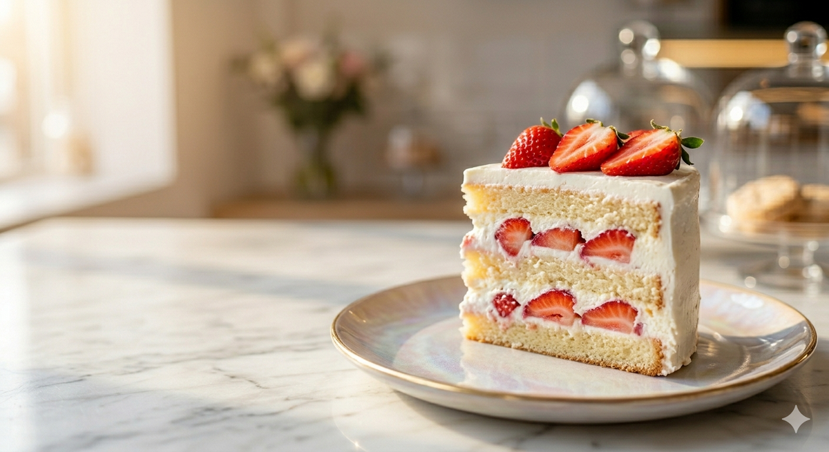 Slice of strawberry cake on a plate with a blurred background