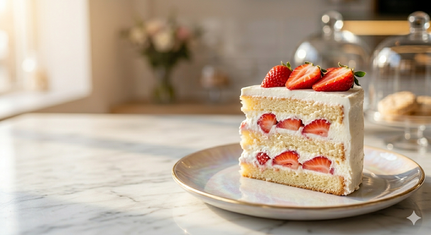 Slice of strawberry cake on a plate with a blurred background