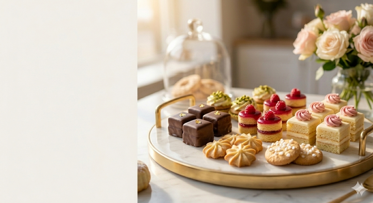 Assorted pastries on a marble tray with a blurred background