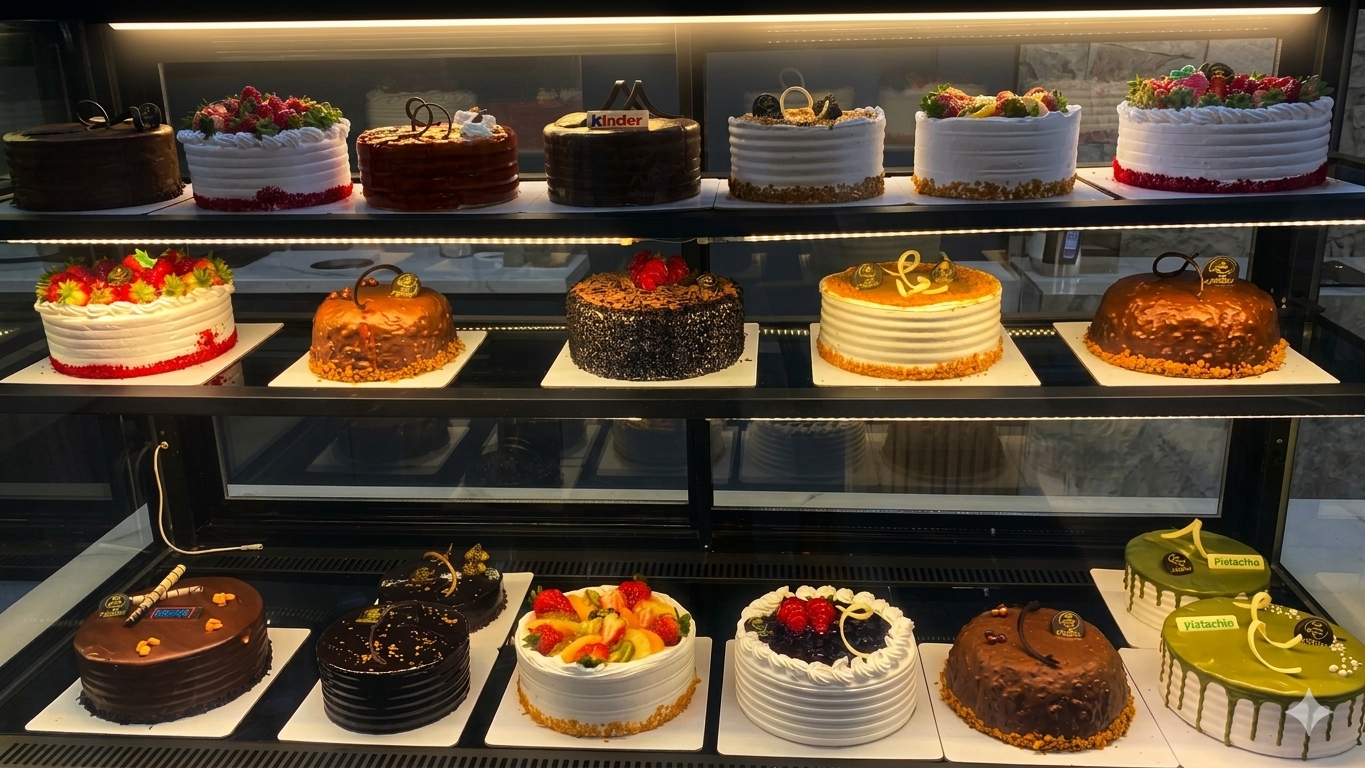Display case with various decorated cakes on a shelf.