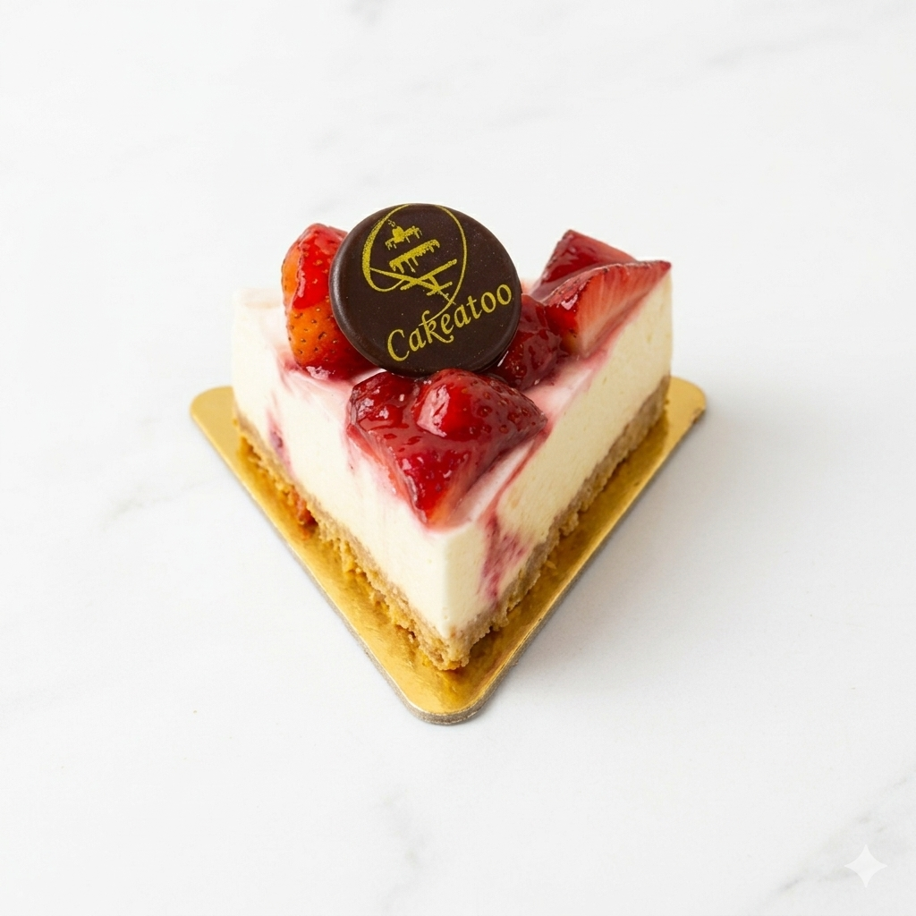 Slice of cheesecake with strawberries and a chocolate cookie on a white background
