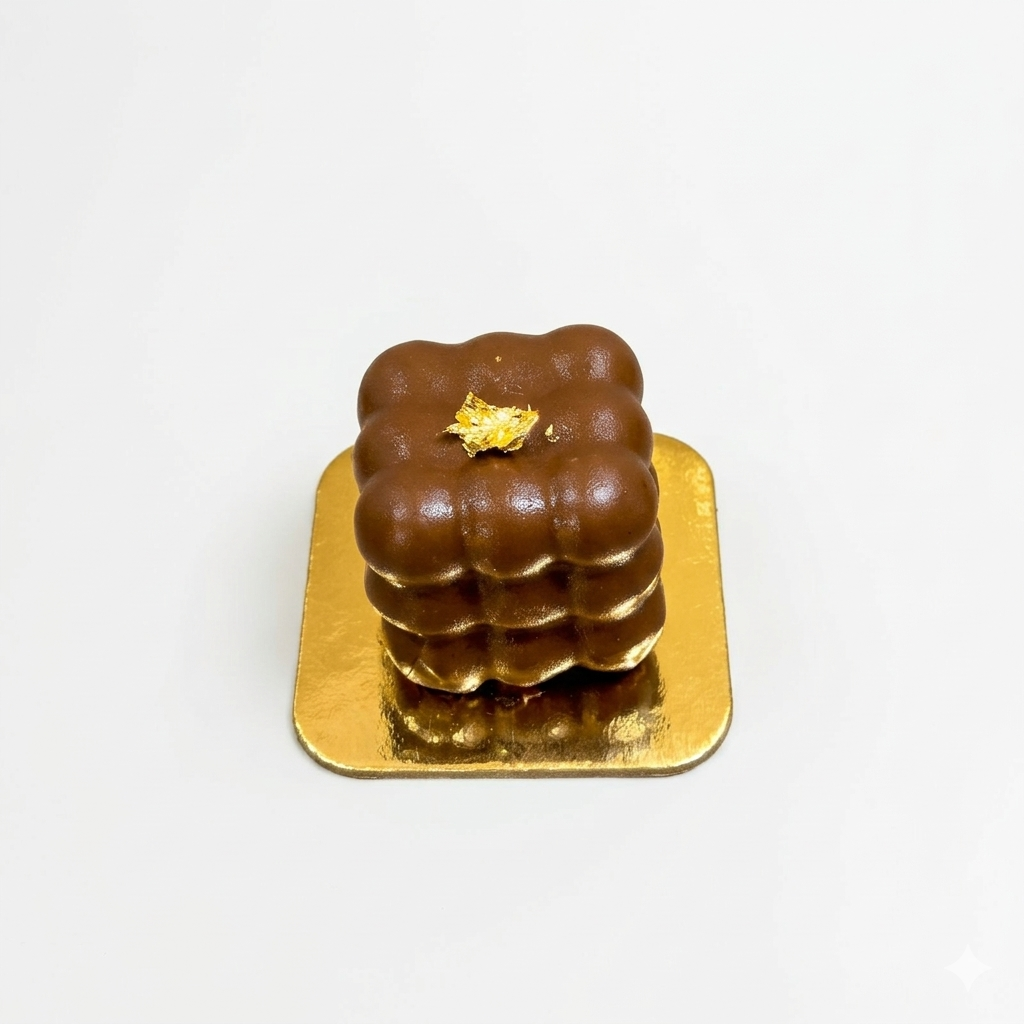 Chocolate dessert on a gold square plate with a white background