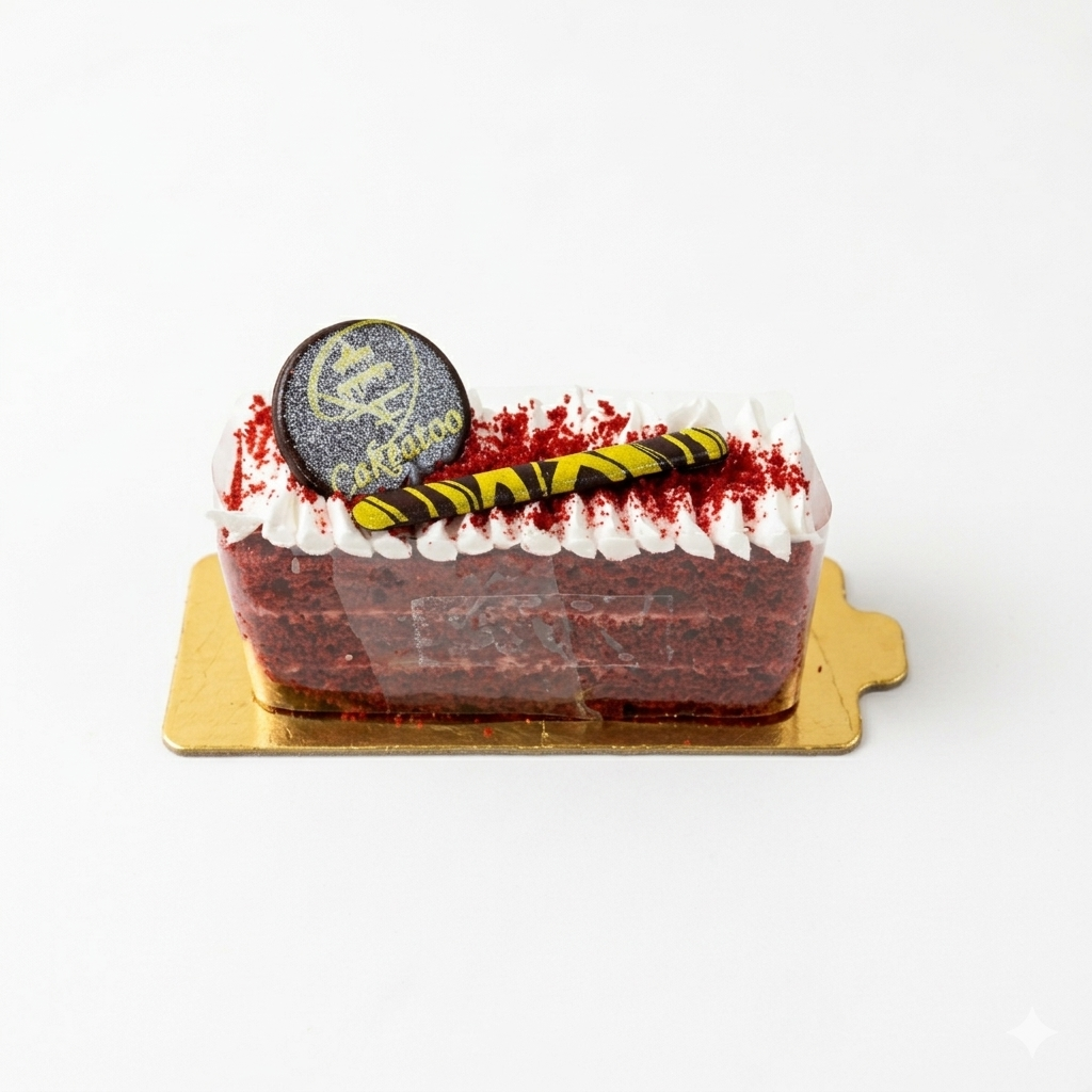 Red velvet cake with white frosting and a chocolate cookie on top, placed on a gold cake stand against a white background.