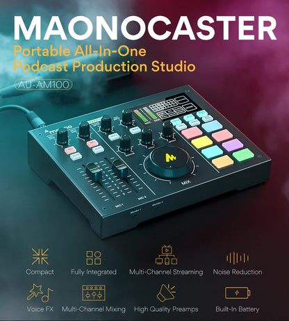 MAONOCASTER portable all-in-one podcast production studio with features listed below.