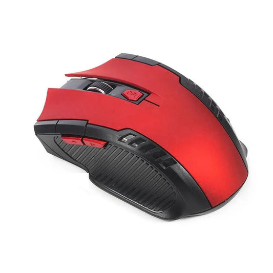 Red and black gaming mouse on a white background