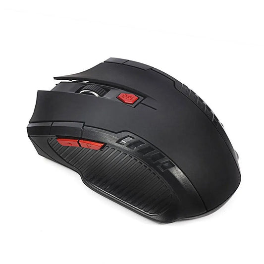 Black gaming mouse with red accents on a white background