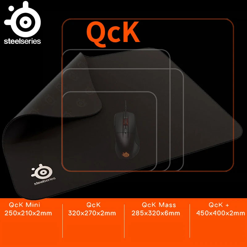 Mouse pad with SteelSeries logo and QcK branding, showing different sizes.