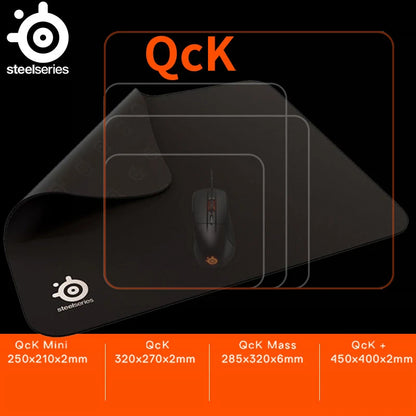 Mouse pad with SteelSeries logo and QcK branding, showing different sizes.