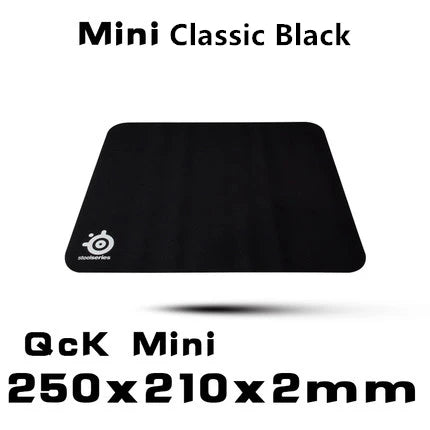 Black mouse pad with a logo on a white background, labeled 'Mini Classic Black QcK Mini'.