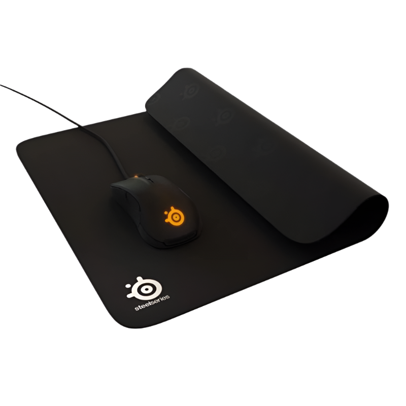 SteelSeries QCK Mouse Pad with mouse on a white background