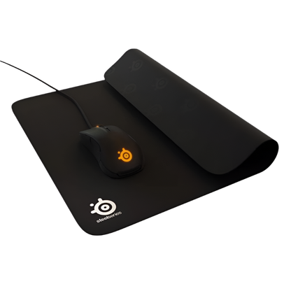 SteelSeries QCK Mouse Pad with mouse on a white background