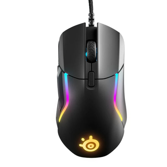 Gaming mouse with RGB lighting and SteelSeries logo on a white background
