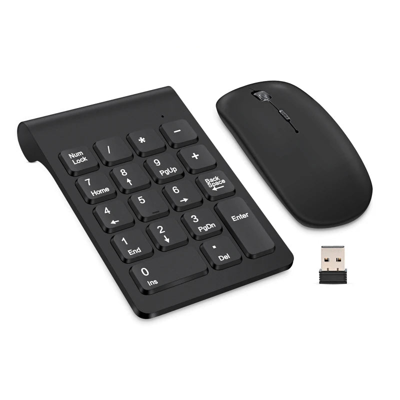 Black digital keypad mouse set with USB receiver on a white background