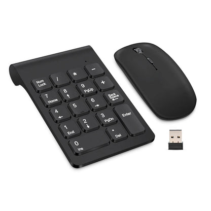 Black digital keypad mouse set with USB receiver on a white background