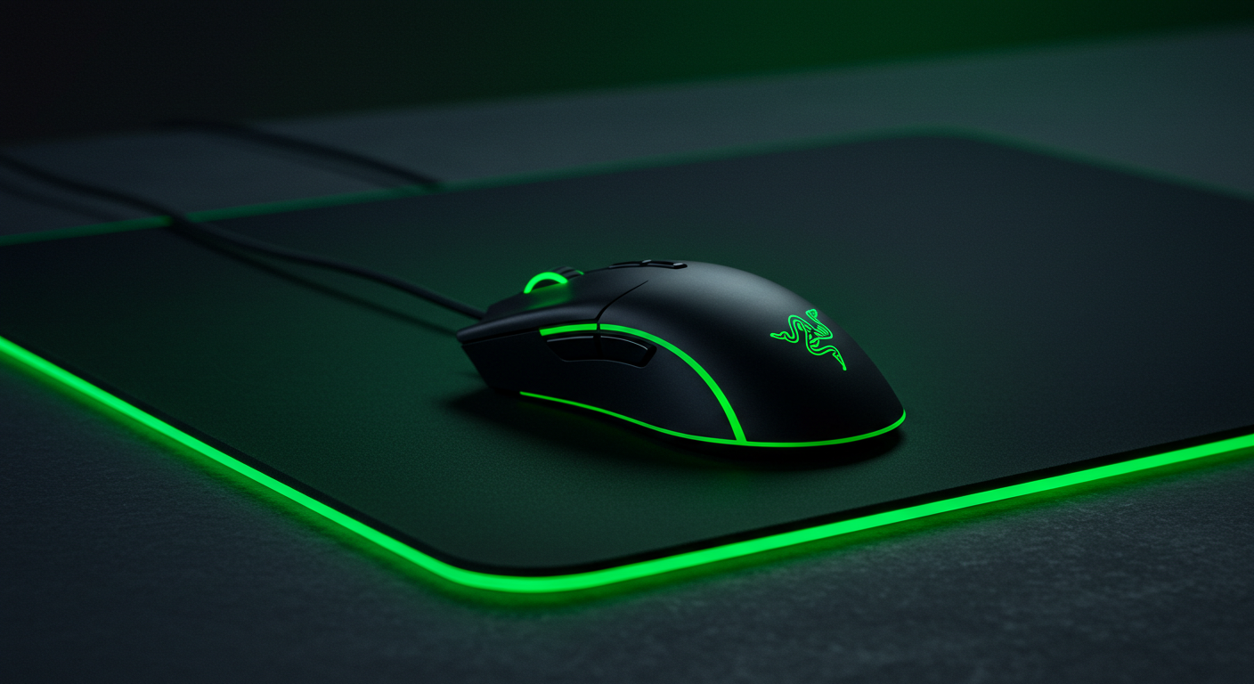 Razer gaming mouse on a dark surface with green lighting