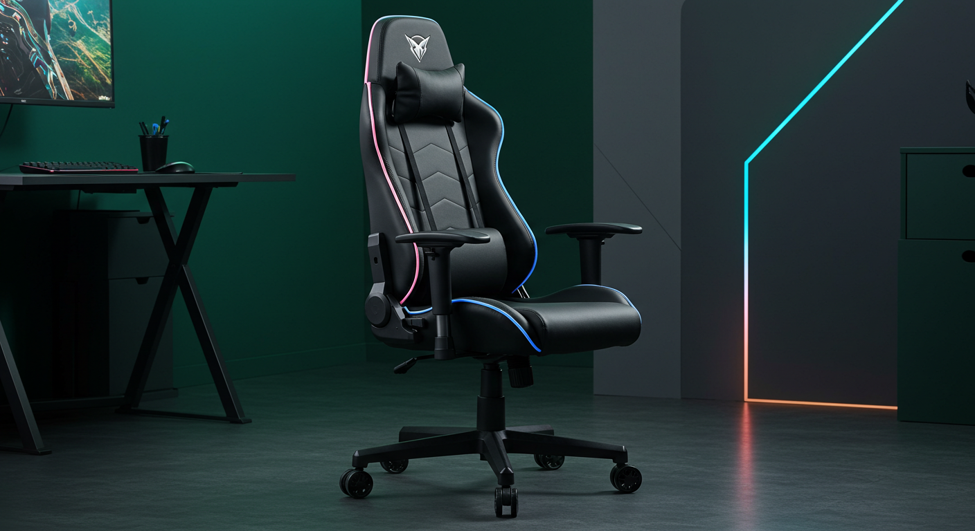 Gaming chair in a modern room with a desk and monitor